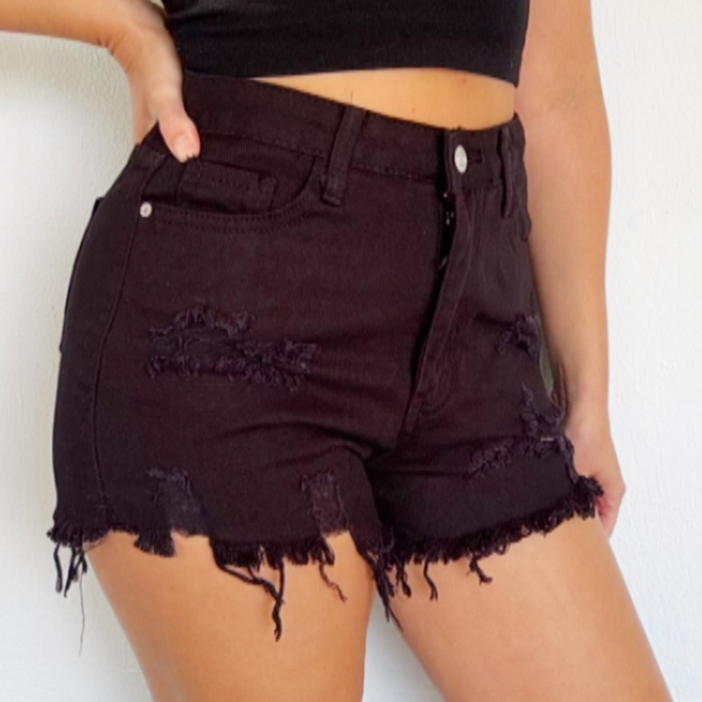 SHEIN black high rise distressed ripped raw hem jean shorts size medium
